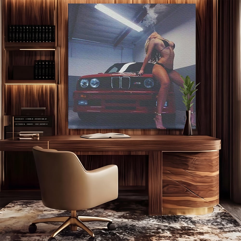 Leinwand Wandbild Canvas Premium, LuxCanva® P1062, Verführung auf vier Rädern, Auto, Rauch, Frau, Sexy, Absätze, Fersen, Verlangen, Körper, Leidenschaft, Urban, Schlafzimmer, Wohnen