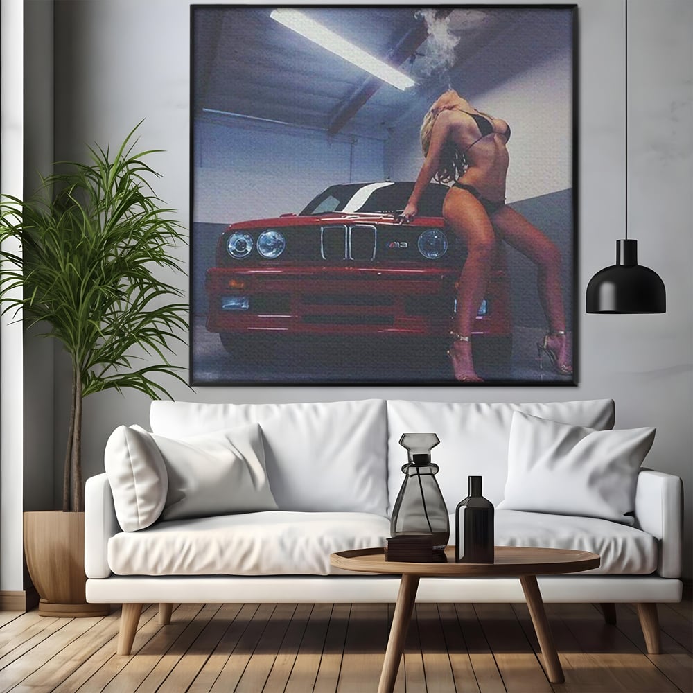 Leinwand Wandbild Canvas Premium, LuxCanva® P1062, Verführung auf vier Rädern, Auto, Rauch, Frau, Sexy, Absätze, Fersen, Verlangen, Körper, Leidenschaft, Urban, Schlafzimmer, Wohnen
