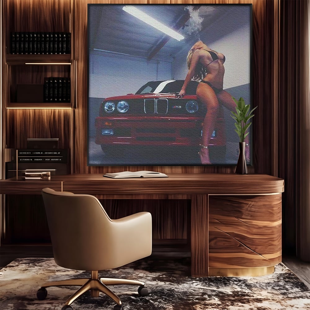 Leinwand Wandbild Canvas Premium, LuxCanva® P1062, Verführung auf vier Rädern, Auto, Rauch, Frau, Sexy, Absätze, Fersen, Verlangen, Körper, Leidenschaft, Urban, Schlafzimmer, Wohnen