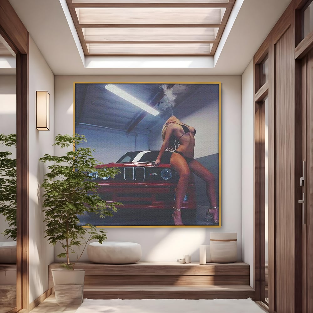 Leinwand Wandbild Canvas Premium, LuxCanva® P1062, Verführung auf vier Rädern, Auto, Rauch, Frau, Sexy, Absätze, Fersen, Verlangen, Körper, Leidenschaft, Urban, Schlafzimmer, Wohnen