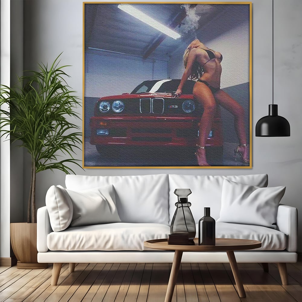 Leinwand Wandbild Canvas Premium, LuxCanva® P1062, Verführung auf vier Rädern, Auto, Rauch, Frau, Sexy, Absätze, Fersen, Verlangen, Körper, Leidenschaft, Urban, Schlafzimmer, Wohnen