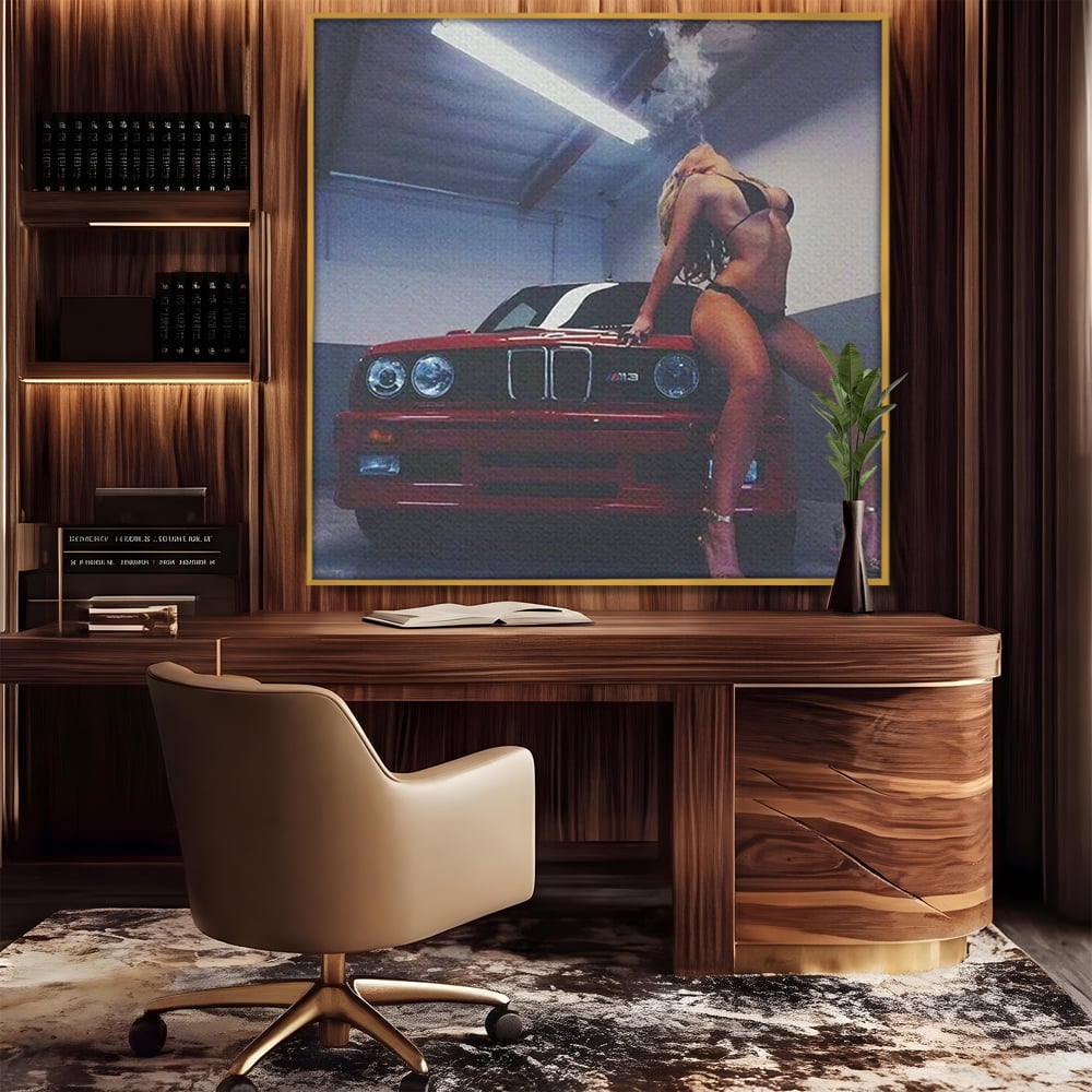 Leinwand Wandbild Canvas Premium, LuxCanva® P1062, Verführung auf vier Rädern, Auto, Rauch, Frau, Sexy, Absätze, Fersen, Verlangen, Körper, Leidenschaft, Urban, Schlafzimmer, Wohnen