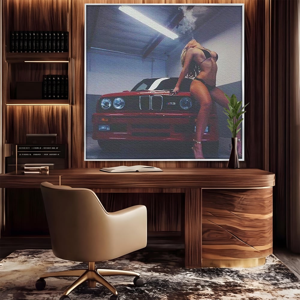Leinwand Wandbild Canvas Premium, LuxCanva® P1062, Verführung auf vier Rädern, Auto, Rauch, Frau, Sexy, Absätze, Fersen, Verlangen, Körper, Leidenschaft, Urban, Schlafzimmer, Wohnen