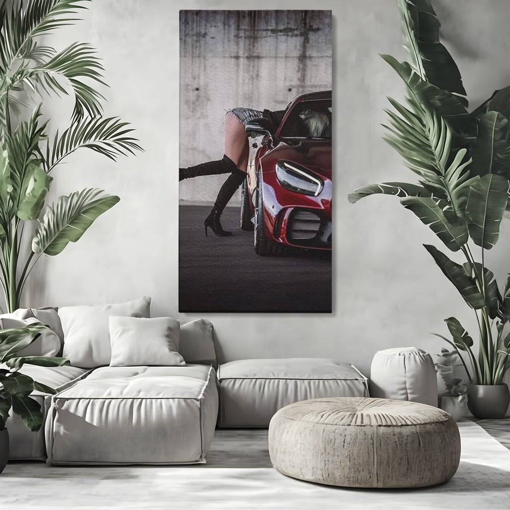 Tablou Canvas Premium, LuxCanva® P1063, Pe Muchia Dorintei, Picioare, Tocuri, Masina Sport, Seductie, Femeie, Sexy, Dormitor, Living