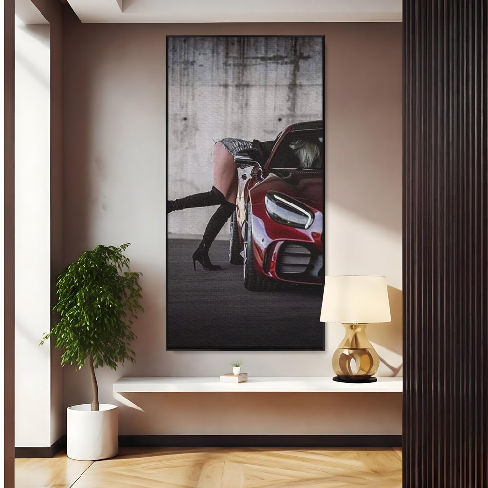 Tablou Canvas Premium, LuxCanva® P1063, Pe Muchia Dorintei, Picioare, Tocuri, Masina Sport, Seductie, Femeie, Sexy, Dormitor, Living