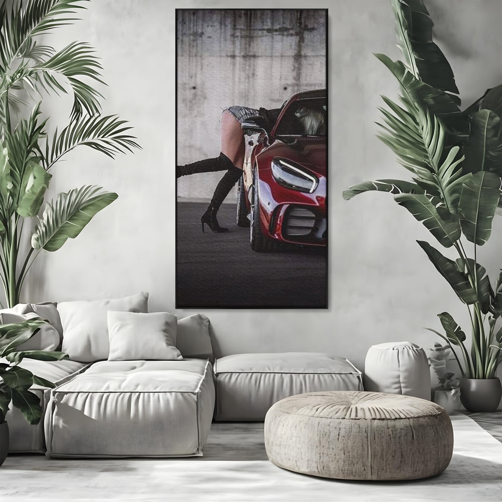 Tablou Canvas Premium, LuxCanva® P1063, Pe Muchia Dorintei, Picioare, Tocuri, Masina Sport, Seductie, Femeie, Sexy, Dormitor, Living