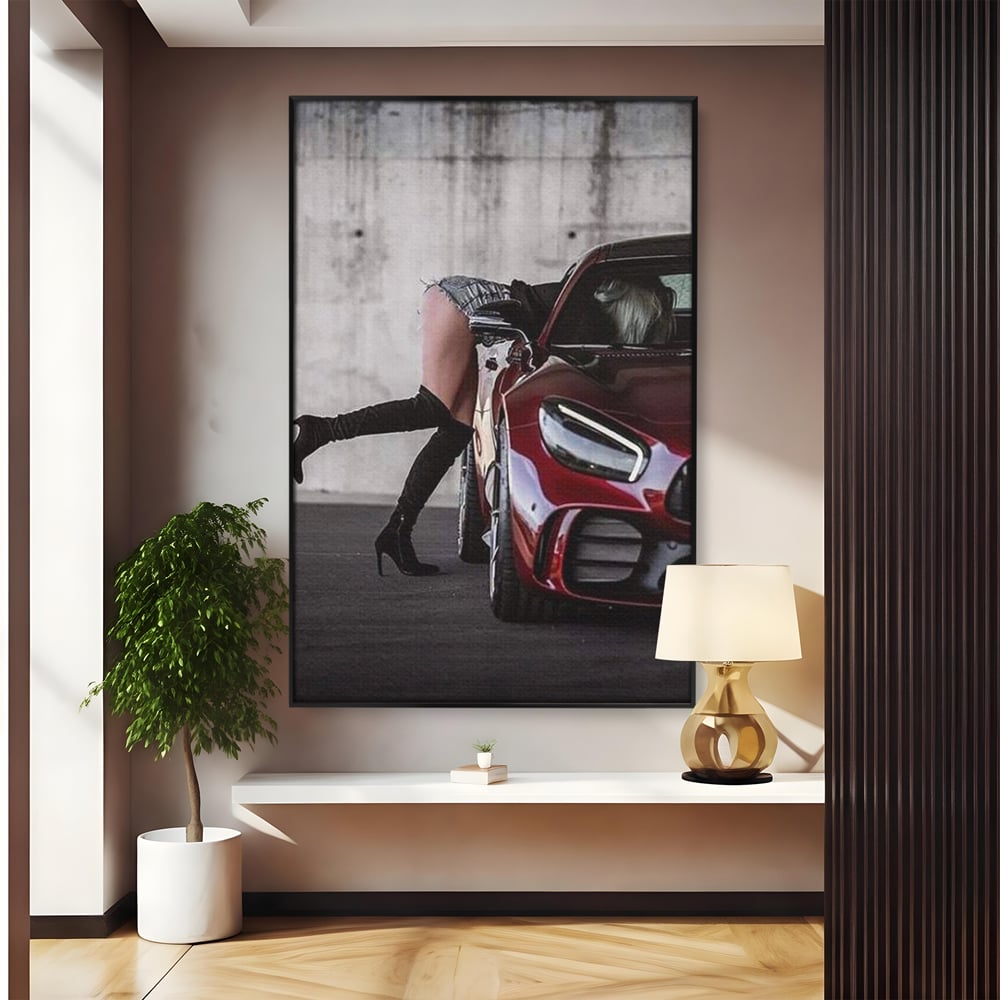 Tablou Canvas Premium, LuxCanva® P1063, Pe Muchia Dorintei, Picioare, Tocuri, Masina Sport, Seductie, Femeie, Sexy, Dormitor, Living