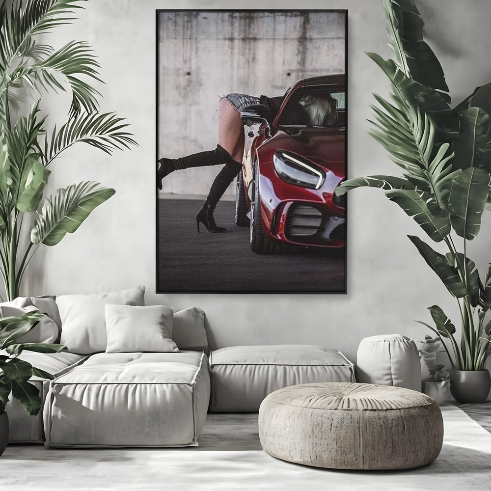 Tablou Canvas Premium, LuxCanva® P1063, Pe Muchia Dorintei, Picioare, Tocuri, Masina Sport, Seductie, Femeie, Sexy, Dormitor, Living