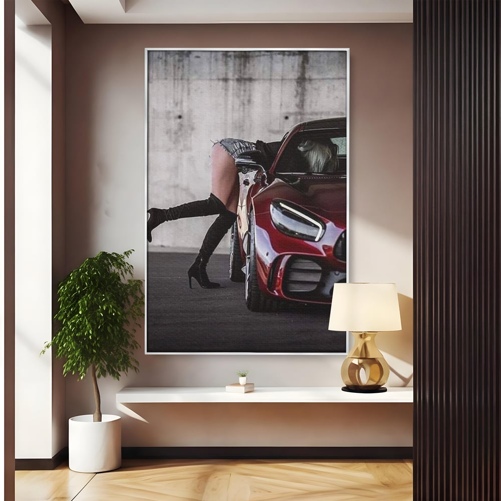 Tablou Canvas Premium, LuxCanva® P1063, Pe Muchia Dorintei, Picioare, Tocuri, Masina Sport, Seductie, Femeie, Sexy, Dormitor, Living
