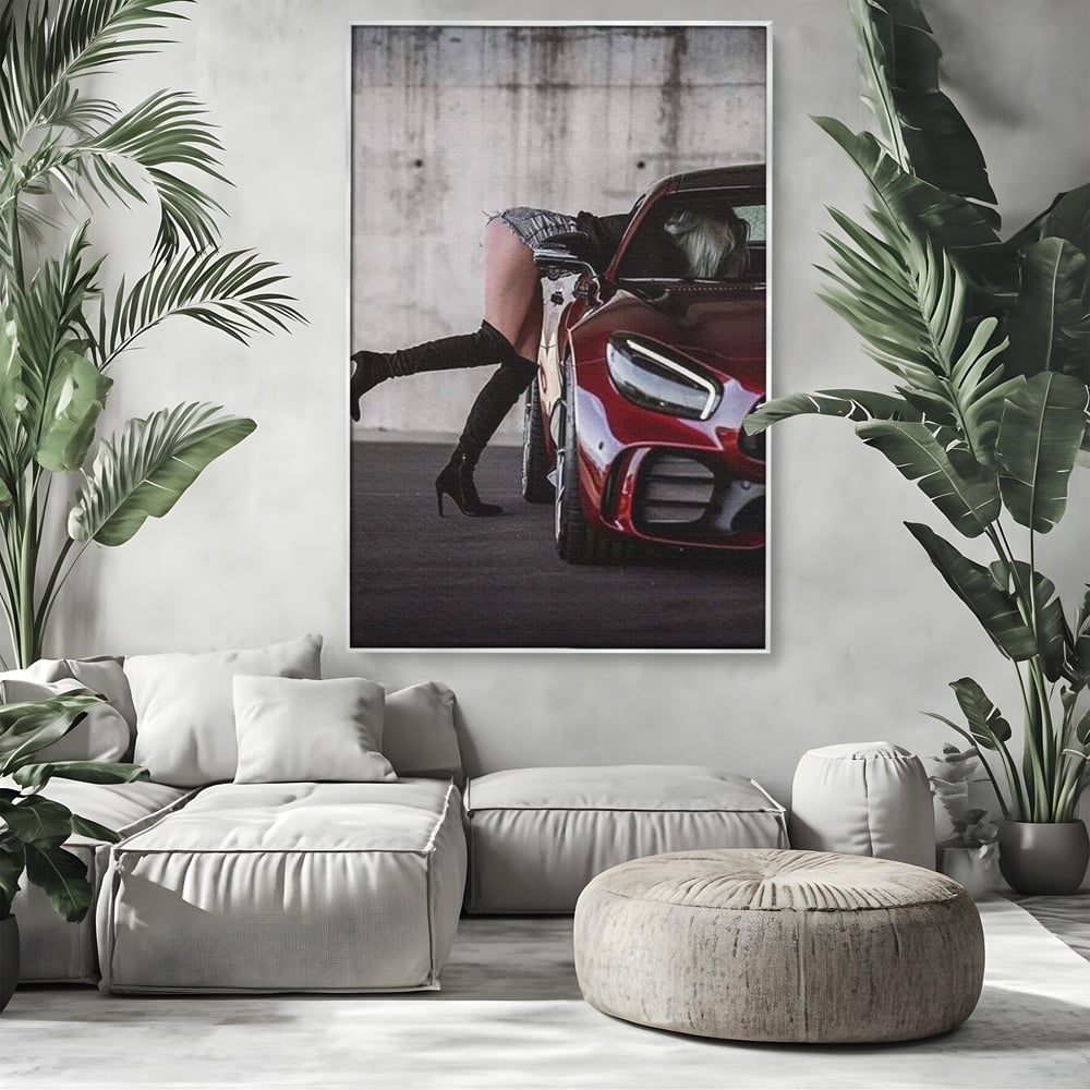 Tablou Canvas Premium, LuxCanva® P1063, Pe Muchia Dorintei, Picioare, Tocuri, Masina Sport, Seductie, Femeie, Sexy, Dormitor, Living