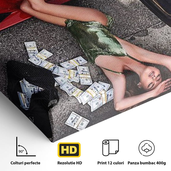 Leinwand Wandkunst Canvas Premium, LuxCanva® P1064, Falling In Temptation, Luxus, opulent, sexy, Banknoten, Auto, Frau, Geld, Verführung, Schlafzimmer, Wohnzimmer