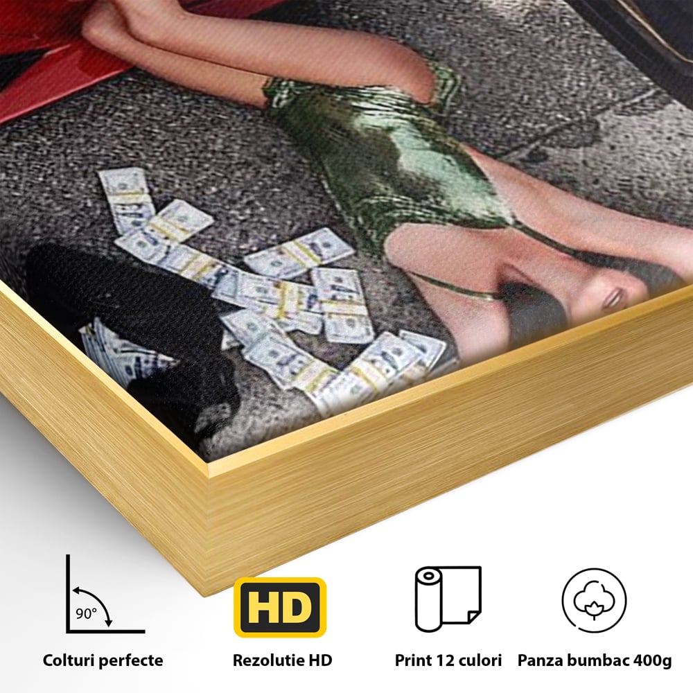 Leinwand Wandkunst Canvas Premium, LuxCanva® P1064, Falling In Temptation, Luxus, opulent, sexy, Banknoten, Auto, Frau, Geld, Verführung, Schlafzimmer, Wohnzimmer