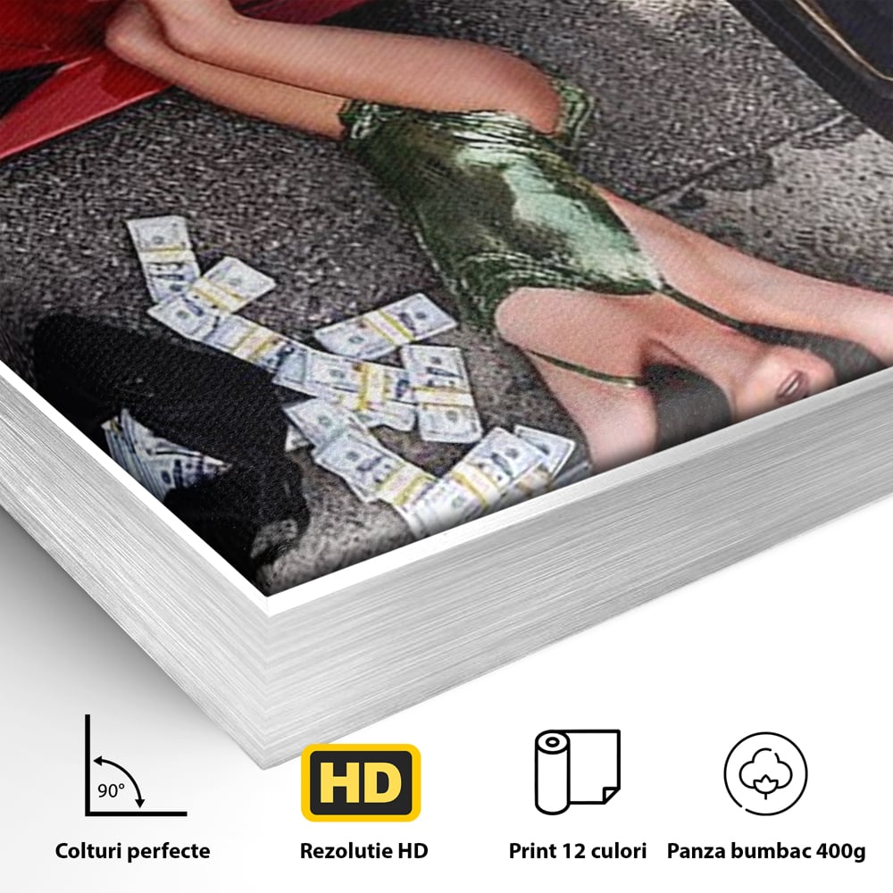 Leinwand Wandkunst Canvas Premium, LuxCanva® P1064, Falling In Temptation, Luxus, opulent, sexy, Banknoten, Auto, Frau, Geld, Verführung, Schlafzimmer, Wohnzimmer