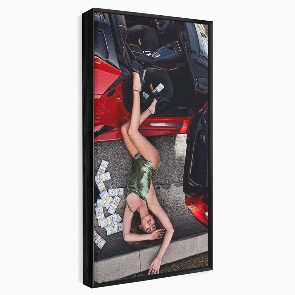 Leinwand Wandkunst Canvas Premium, LuxCanva® P1064, Falling In Temptation, Luxus, opulent, sexy, Banknoten, Auto, Frau, Geld, Verführung, Schlafzimmer, Wohnzimmer
