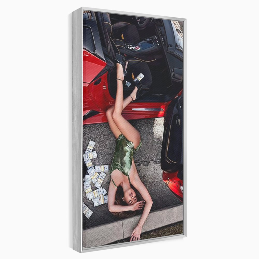 Leinwand Wandkunst Canvas Premium, LuxCanva® P1064, Falling In Temptation, Luxus, opulent, sexy, Banknoten, Auto, Frau, Geld, Verführung, Schlafzimmer, Wohnzimmer
