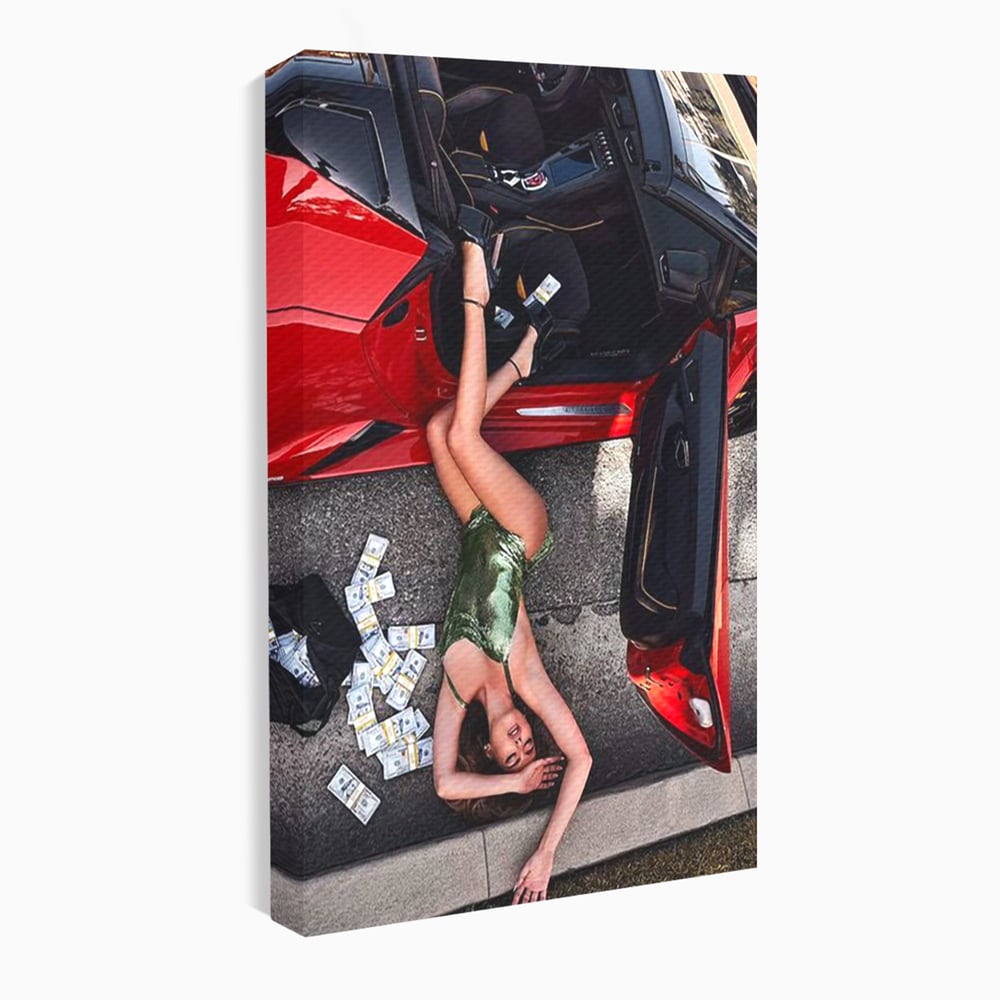 Leinwand Wandkunst Canvas Premium, LuxCanva® P1064, Falling In Temptation, Luxus, opulent, sexy, Banknoten, Auto, Frau, Geld, Verführung, Schlafzimmer, Wohnzimmer