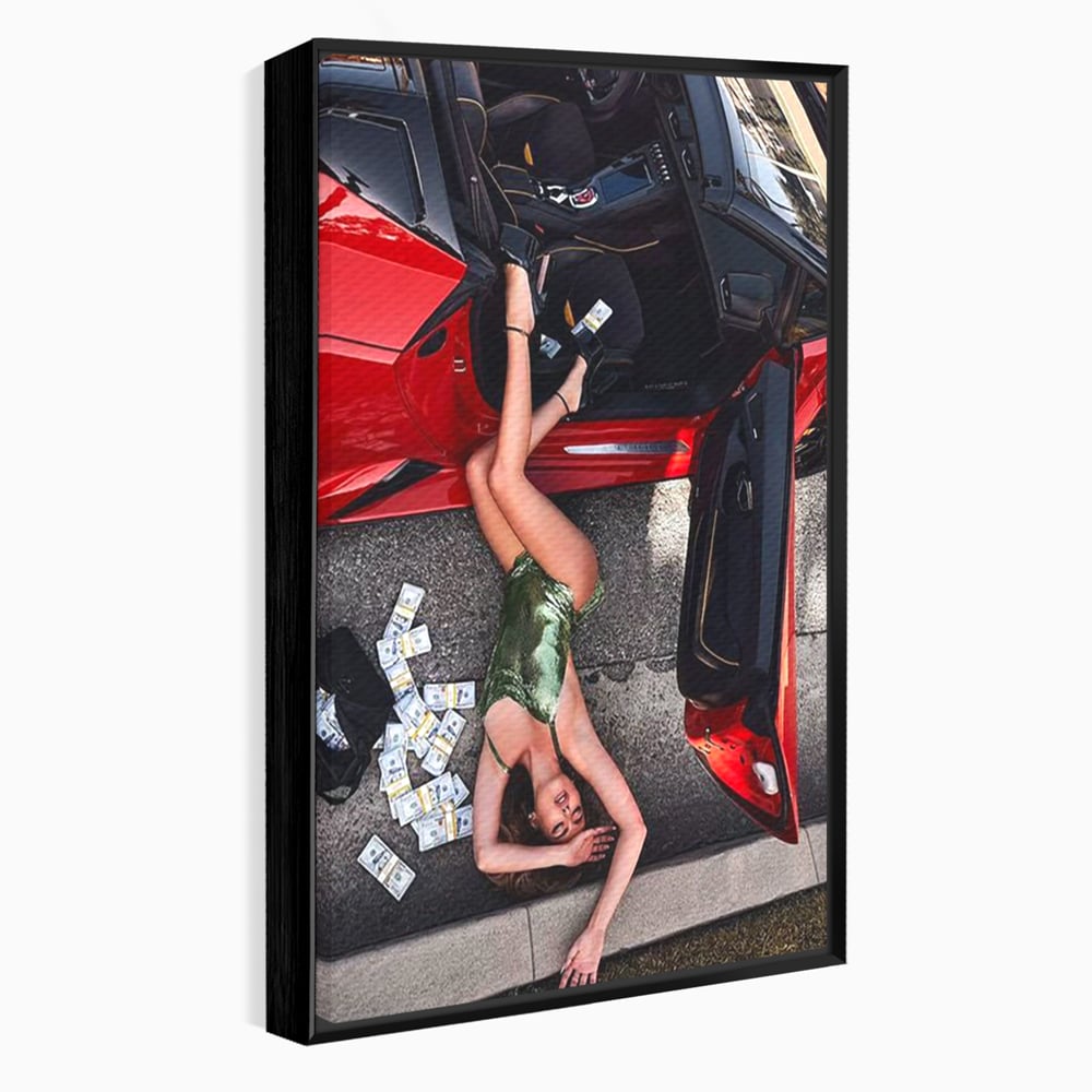 Leinwand Wandkunst Canvas Premium, LuxCanva® P1064, Falling In Temptation, Luxus, opulent, sexy, Banknoten, Auto, Frau, Geld, Verführung, Schlafzimmer, Wohnzimmer