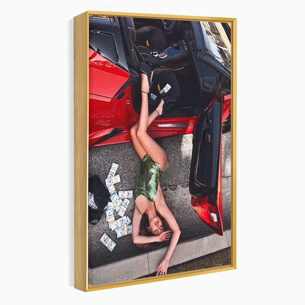 Leinwand Wandkunst Canvas Premium, LuxCanva® P1064, Falling In Temptation, Luxus, opulent, sexy, Banknoten, Auto, Frau, Geld, Verführung, Schlafzimmer, Wohnzimmer