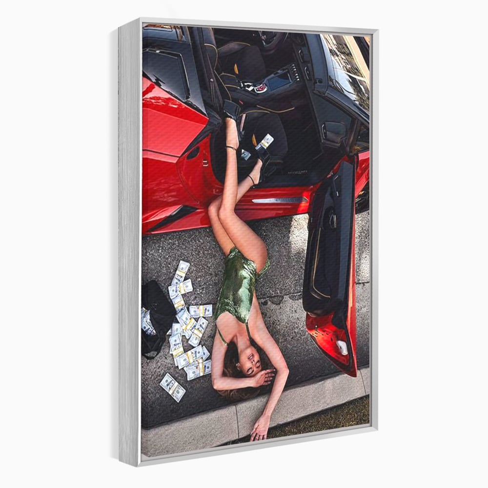Leinwand Wandkunst Canvas Premium, LuxCanva® P1064, Falling In Temptation, Luxus, opulent, sexy, Banknoten, Auto, Frau, Geld, Verführung, Schlafzimmer, Wohnzimmer