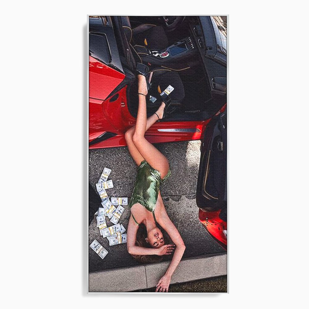 Leinwand Wandkunst Canvas Premium, LuxCanva® P1064, Falling In Temptation, Luxus, opulent, sexy, Banknoten, Auto, Frau, Geld, Verführung, Schlafzimmer, Wohnzimmer