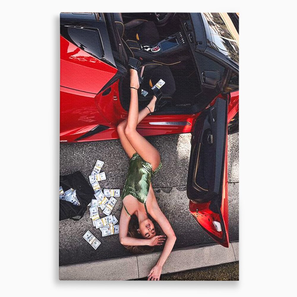 Leinwand Wandkunst Canvas Premium, LuxCanva® P1064, Falling In Temptation, Luxus, opulent, sexy, Banknoten, Auto, Frau, Geld, Verführung, Schlafzimmer, Wohnzimmer