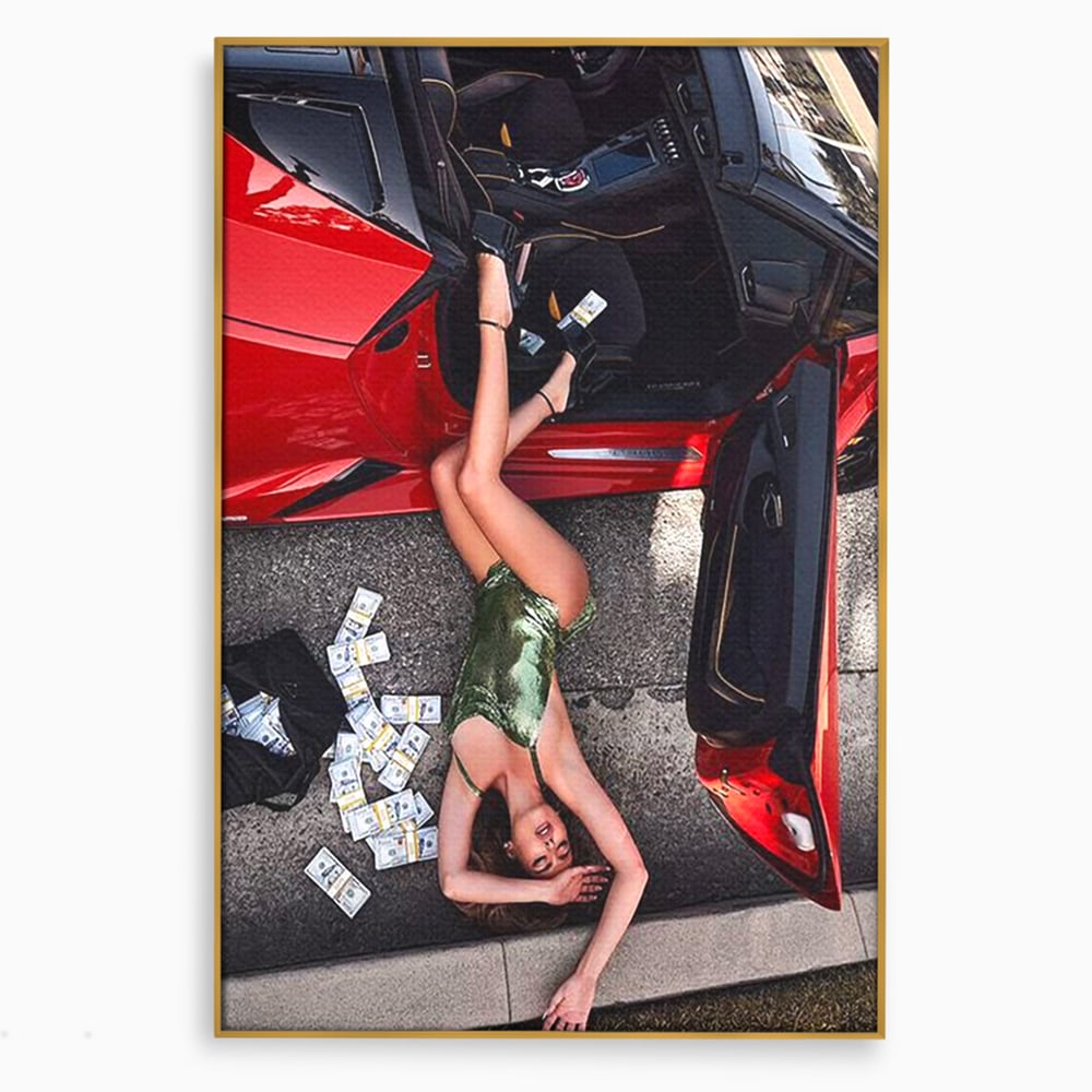 Leinwand Wandkunst Canvas Premium, LuxCanva® P1064, Falling In Temptation, Luxus, opulent, sexy, Banknoten, Auto, Frau, Geld, Verführung, Schlafzimmer, Wohnzimmer