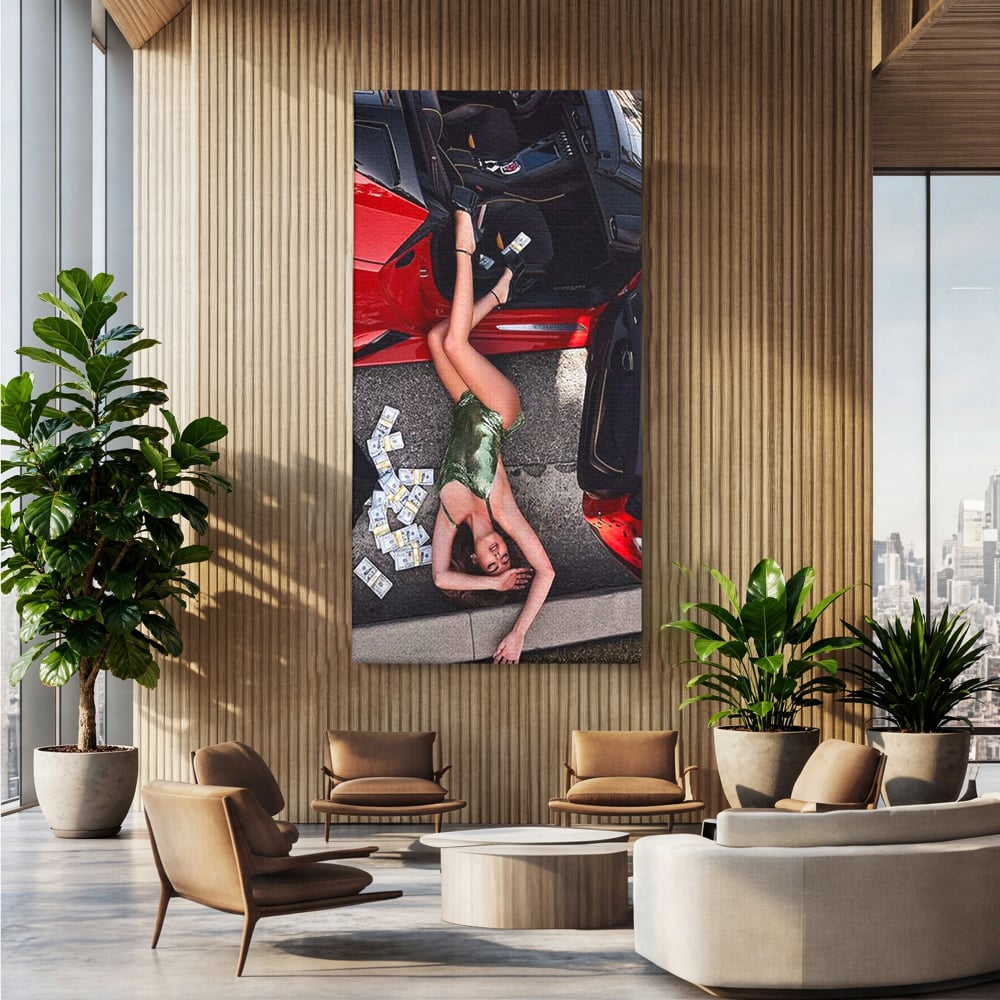 Leinwand Wandkunst Canvas Premium, LuxCanva® P1064, Falling In Temptation, Luxus, opulent, sexy, Banknoten, Auto, Frau, Geld, Verführung, Schlafzimmer, Wohnzimmer