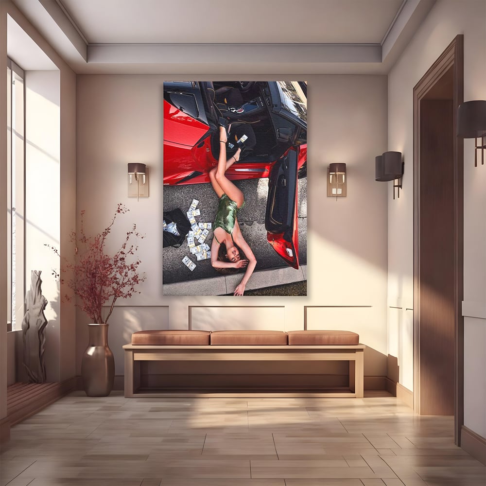 Leinwand Wandkunst Canvas Premium, LuxCanva® P1064, Falling In Temptation, Luxus, opulent, sexy, Banknoten, Auto, Frau, Geld, Verführung, Schlafzimmer, Wohnzimmer