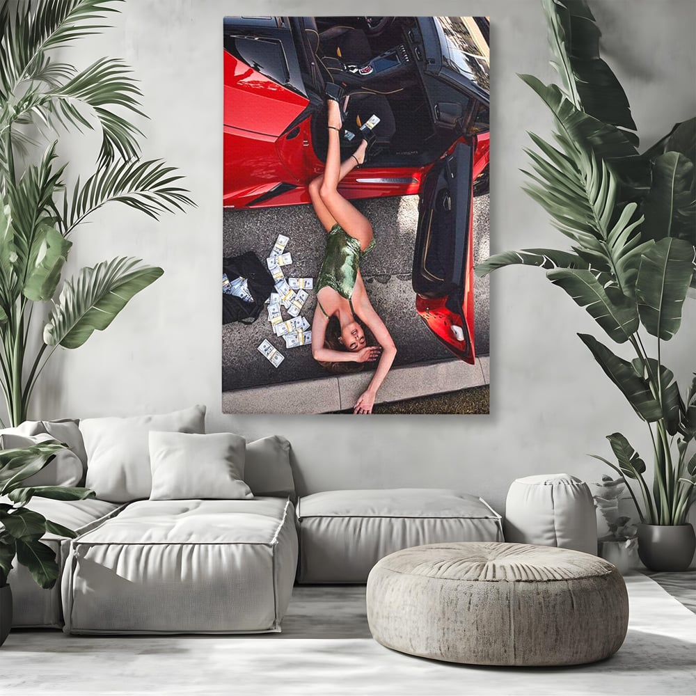 Leinwand Wandkunst Canvas Premium, LuxCanva® P1064, Falling In Temptation, Luxus, opulent, sexy, Banknoten, Auto, Frau, Geld, Verführung, Schlafzimmer, Wohnzimmer