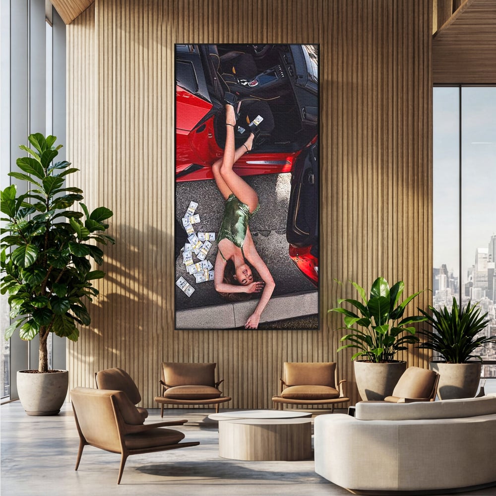 Leinwand Wandkunst Canvas Premium, LuxCanva® P1064, Falling In Temptation, Luxus, opulent, sexy, Banknoten, Auto, Frau, Geld, Verführung, Schlafzimmer, Wohnzimmer