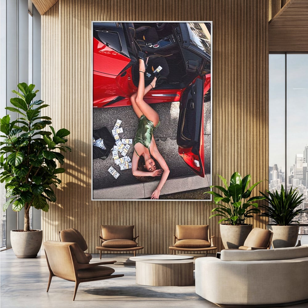 Leinwand Wandkunst Canvas Premium, LuxCanva® P1064, Falling In Temptation, Luxus, opulent, sexy, Banknoten, Auto, Frau, Geld, Verführung, Schlafzimmer, Wohnzimmer