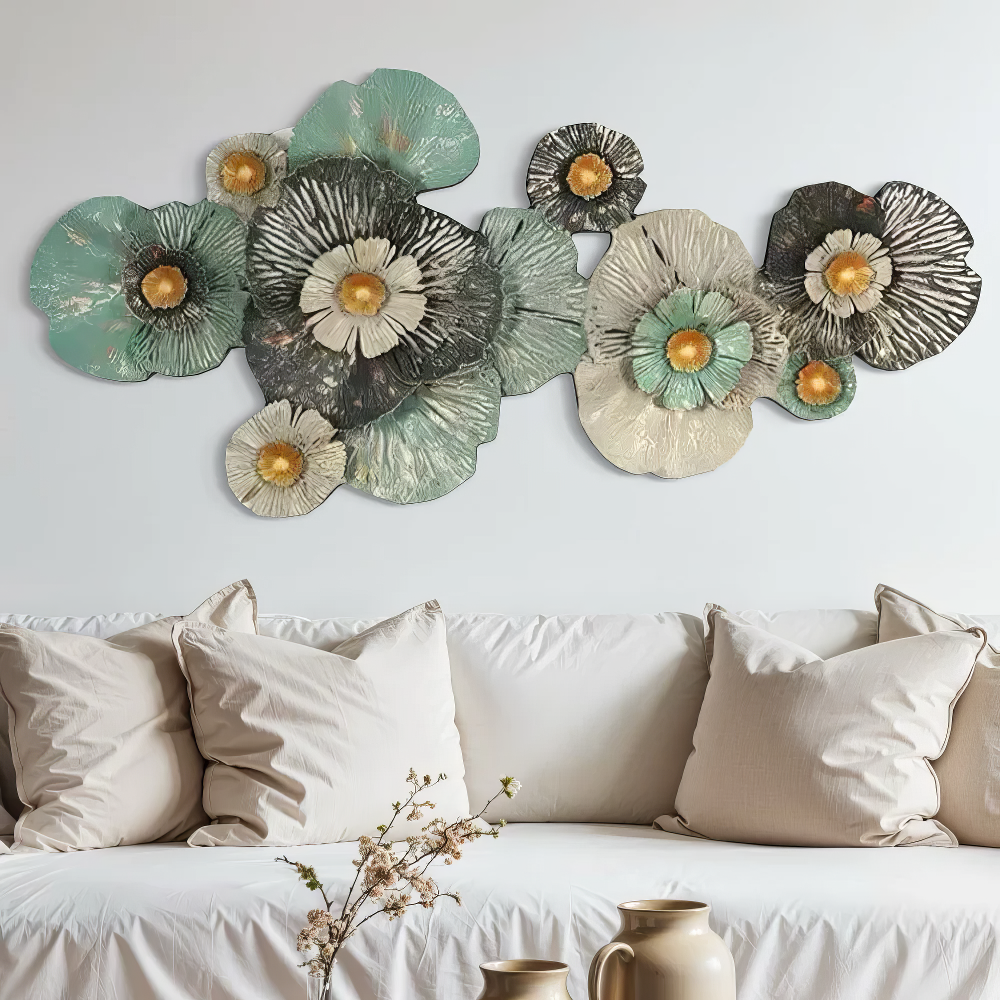 Decoratiune Metalica de Perete LuxCanva® FloraHarmony A0662, din Metal, Orizontala, Auriu, Alb, Negru, Verde, Dimensiune Mare 159 × 74 x 11 cm