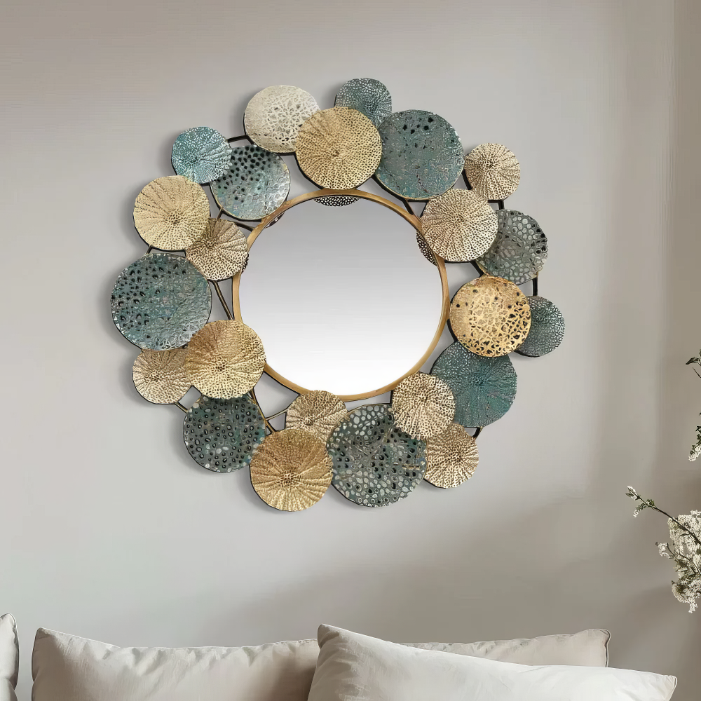 Decoratiune Metalica de Perete LuxCanva® OpalCircles A0921, din Metal, Rotunda, Auriu, Verde, Dimensiune Mare 84 × 73 x 3 cm