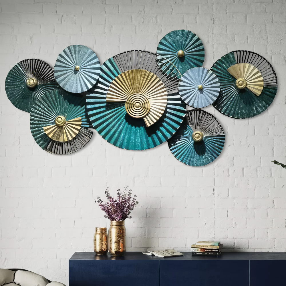 Decoratiune Metalica de Perete LuxCanva® EmeraldVanity A2018, din Metal, Orizontala, Verde, Auriu, Dimensiune Mare 134 x 67 cm