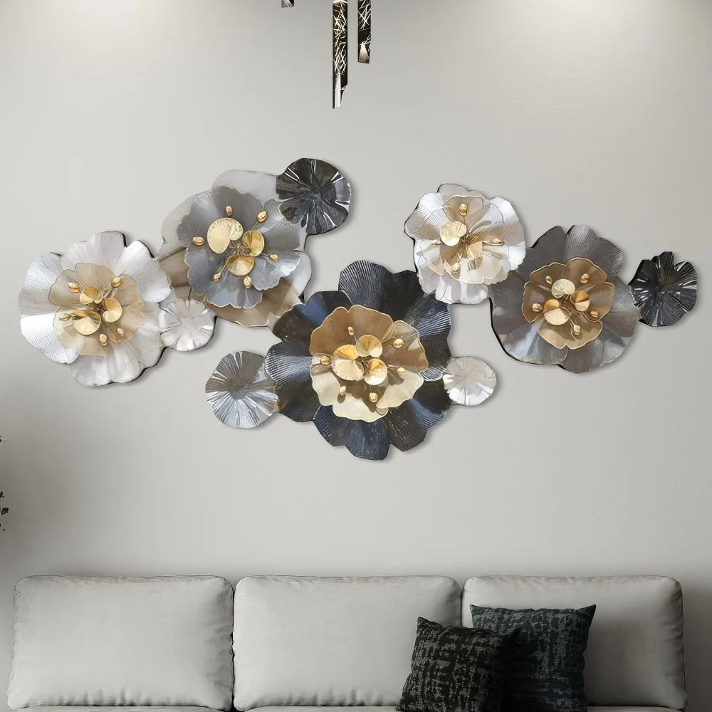 Decoratiune Metalica de Perete LuxCanva® CrystalBloom A2025M Negru, din Metal, Orizontala, Auriu, Alb, Gri, Negru, Dimensiune Mare 160 x 64 cm