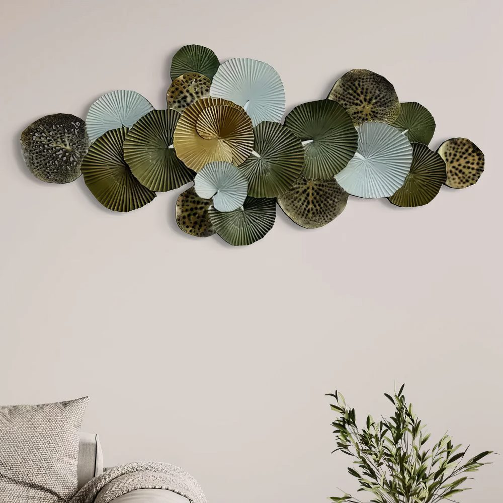 Decoratiune Metalica de Perete LuxCanva® Green Serenity A2508, din Metal, Orizontala, Verde Salvie, Auriu, Dimensiune Mare 165 x 77 cm