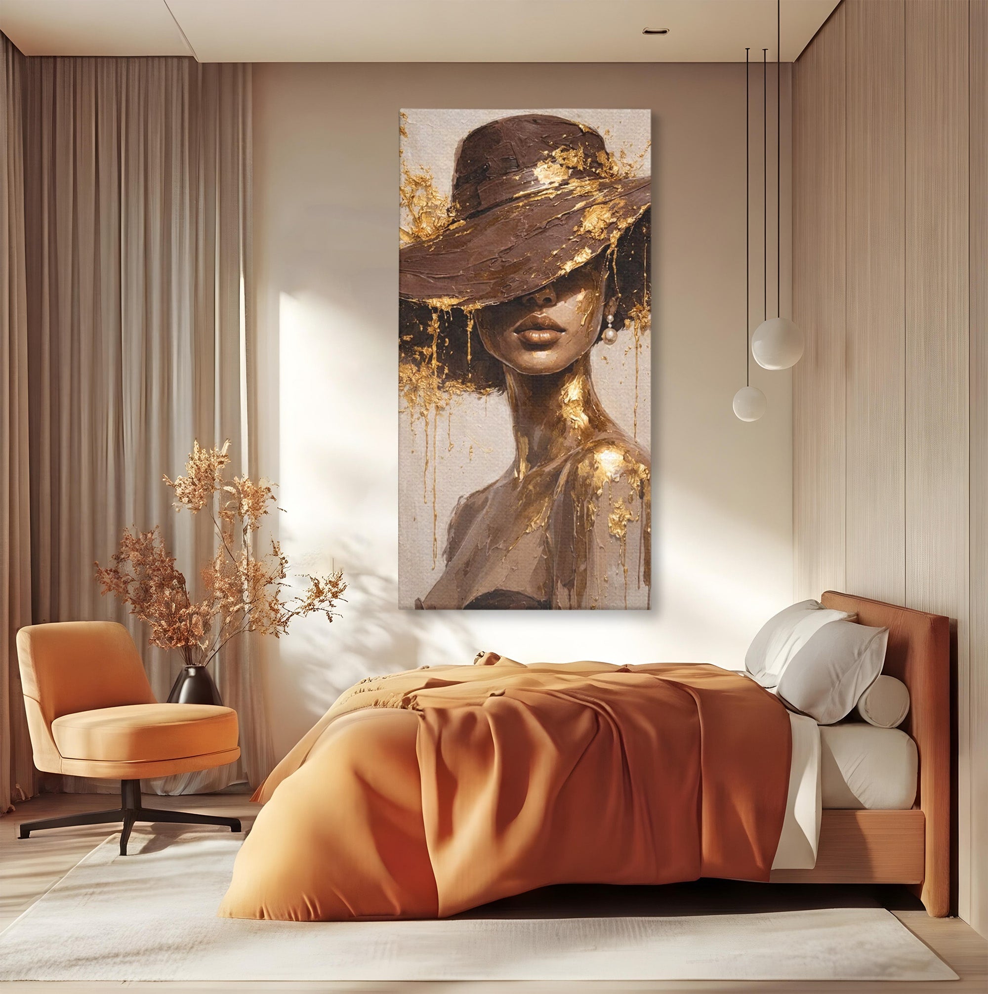 Tablou Canvas Premium LuxCanva® PI1003, Femeie Cu Palarie Eleganta, Femeie, Portret, Palarie, Eleganta, Living, Culori Vibrante