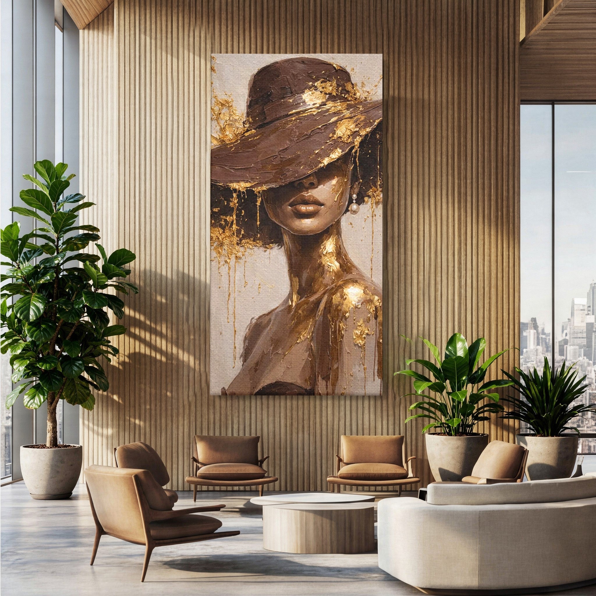 Tablou Canvas Premium LuxCanva® PI1003, Femeie Cu Palarie Eleganta, Femeie, Portret, Palarie, Eleganta, Living, Culori Vibrante