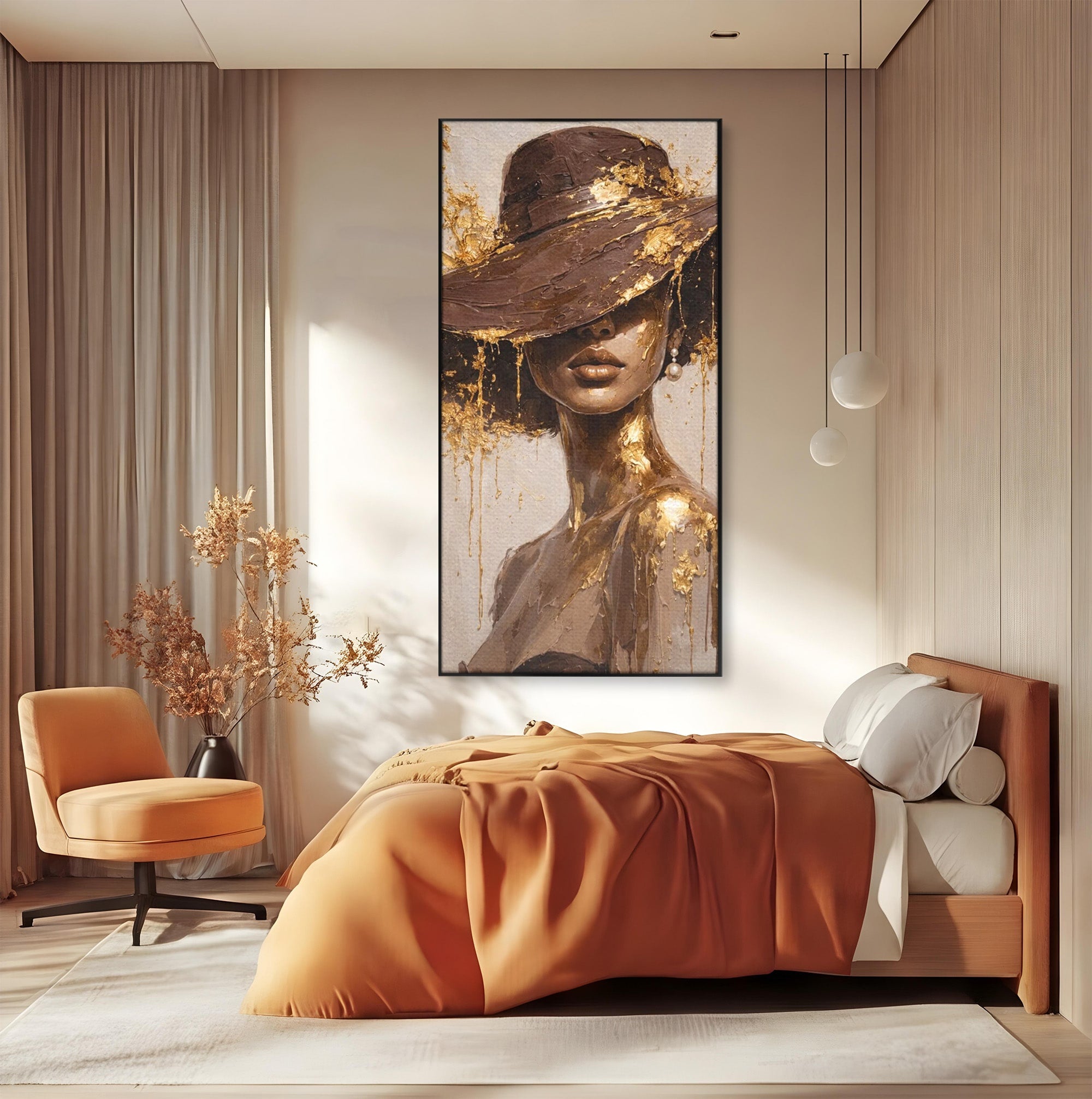 Tablou Canvas Premium LuxCanva® PI1003, Femeie Cu Palarie Eleganta, Femeie, Portret, Palarie, Eleganta, Living, Culori Vibrante