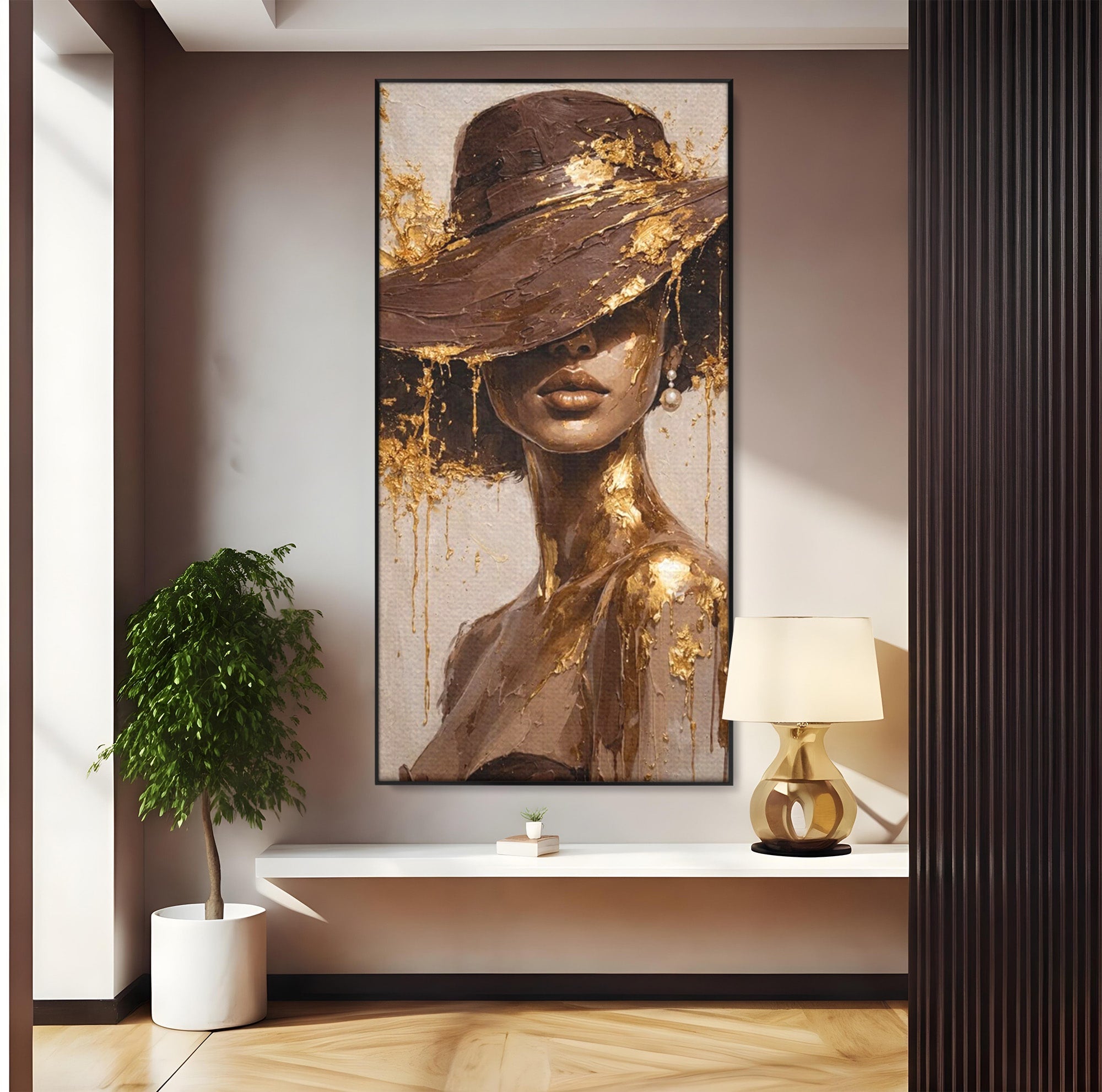 Tablou Canvas Premium LuxCanva® PI1003, Femeie Cu Palarie Eleganta, Femeie, Portret, Palarie, Eleganta, Living, Culori Vibrante