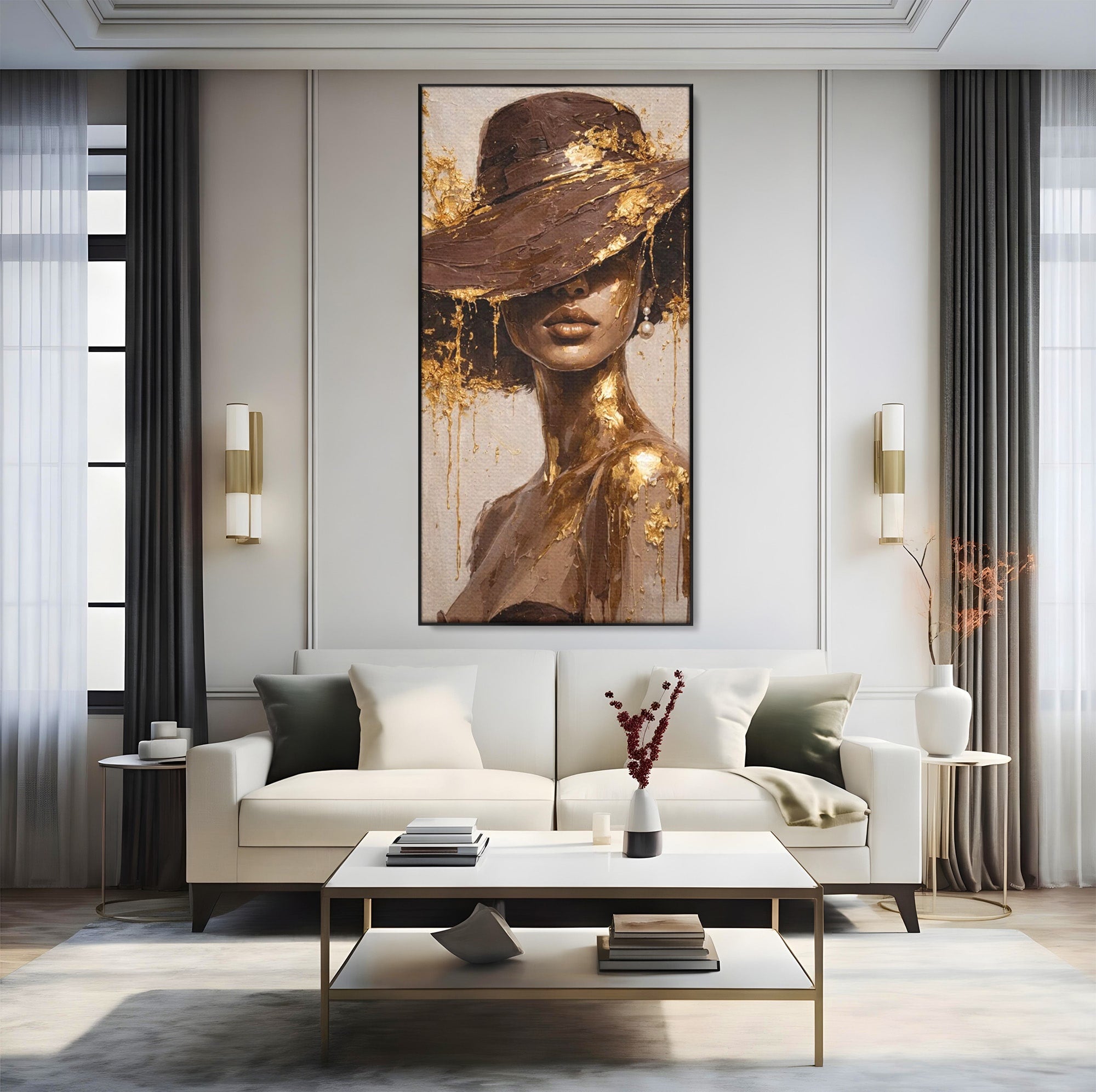 Tablou Canvas Premium LuxCanva® PI1003, Femeie Cu Palarie Eleganta, Femeie, Portret, Palarie, Eleganta, Living, Culori Vibrante