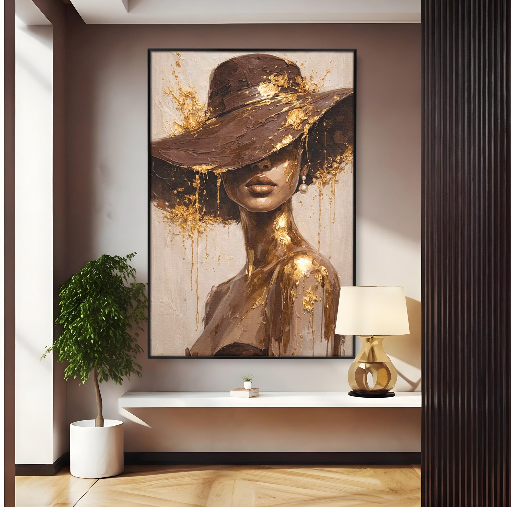 Tablou Canvas Premium LuxCanva® PI1003, Femeie Cu Palarie Eleganta, Femeie, Portret, Palarie, Eleganta, Living, Culori Vibrante