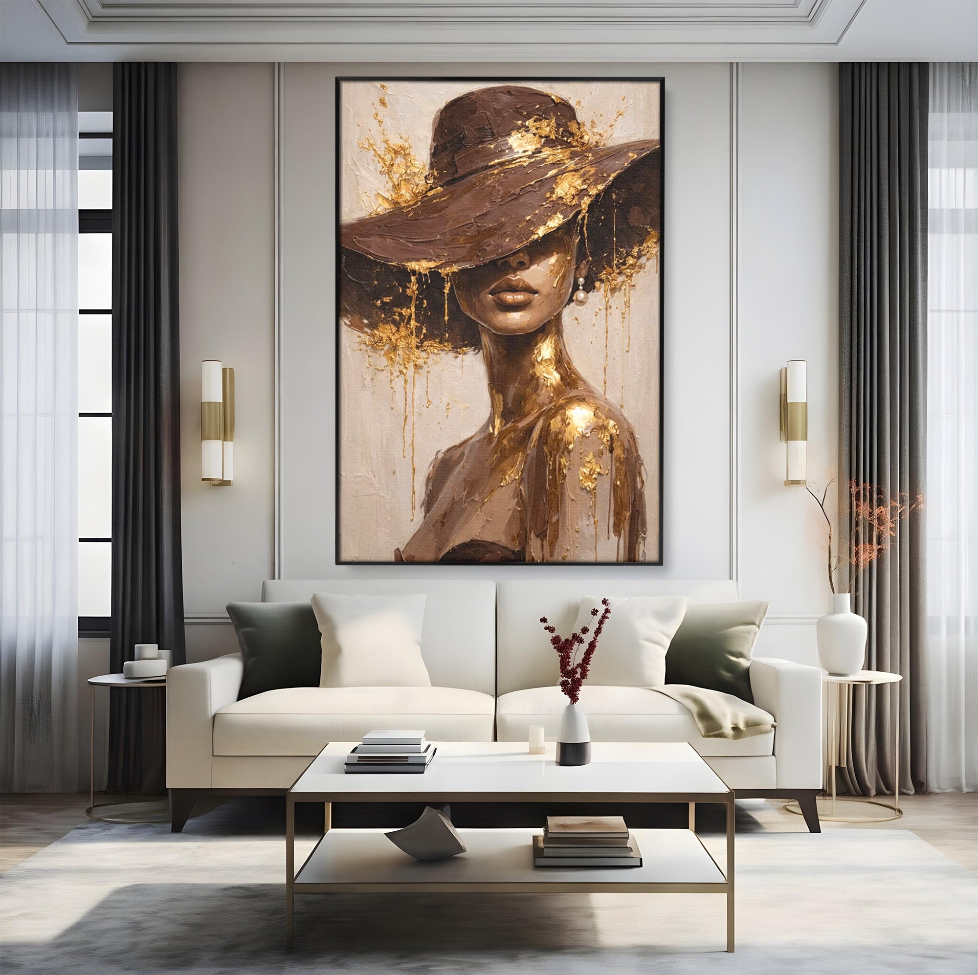 Tablou Canvas Premium LuxCanva® PI1003, Femeie Cu Palarie Eleganta, Femeie, Portret, Palarie, Eleganta, Living, Culori Vibrante