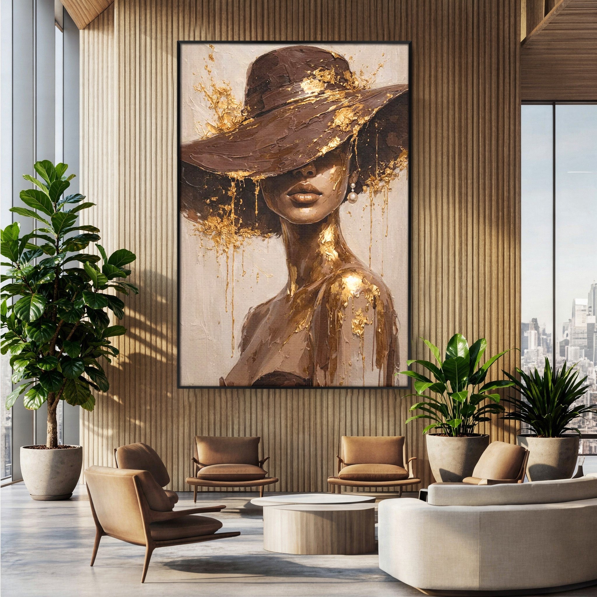Tablou Canvas Premium LuxCanva® PI1003, Femeie Cu Palarie Eleganta, Femeie, Portret, Palarie, Eleganta, Living, Culori Vibrante