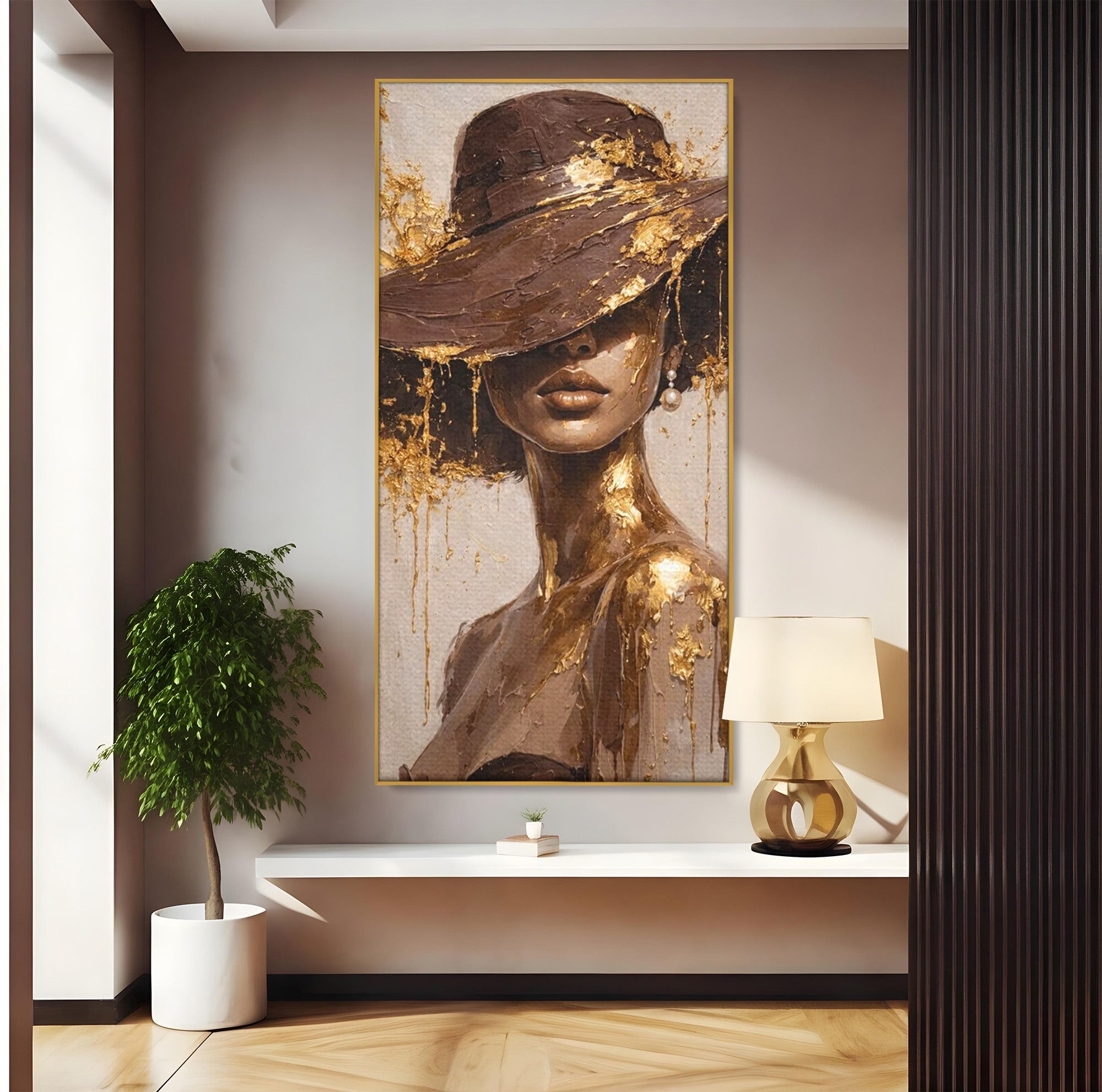 Tablou Canvas Premium LuxCanva® PI1003, Femeie Cu Palarie Eleganta, Femeie, Portret, Palarie, Eleganta, Living, Culori Vibrante
