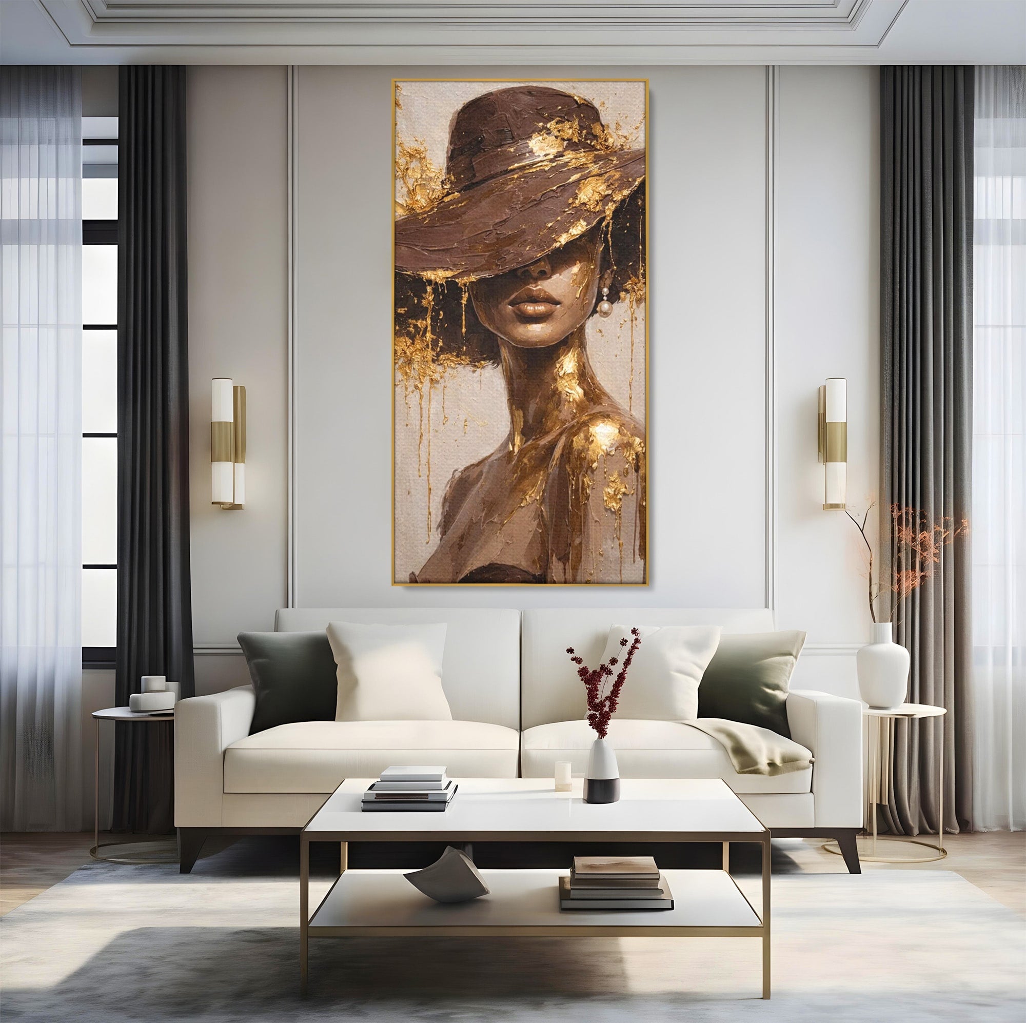 Tablou Canvas Premium LuxCanva® PI1003, Femeie Cu Palarie Eleganta, Femeie, Portret, Palarie, Eleganta, Living, Culori Vibrante