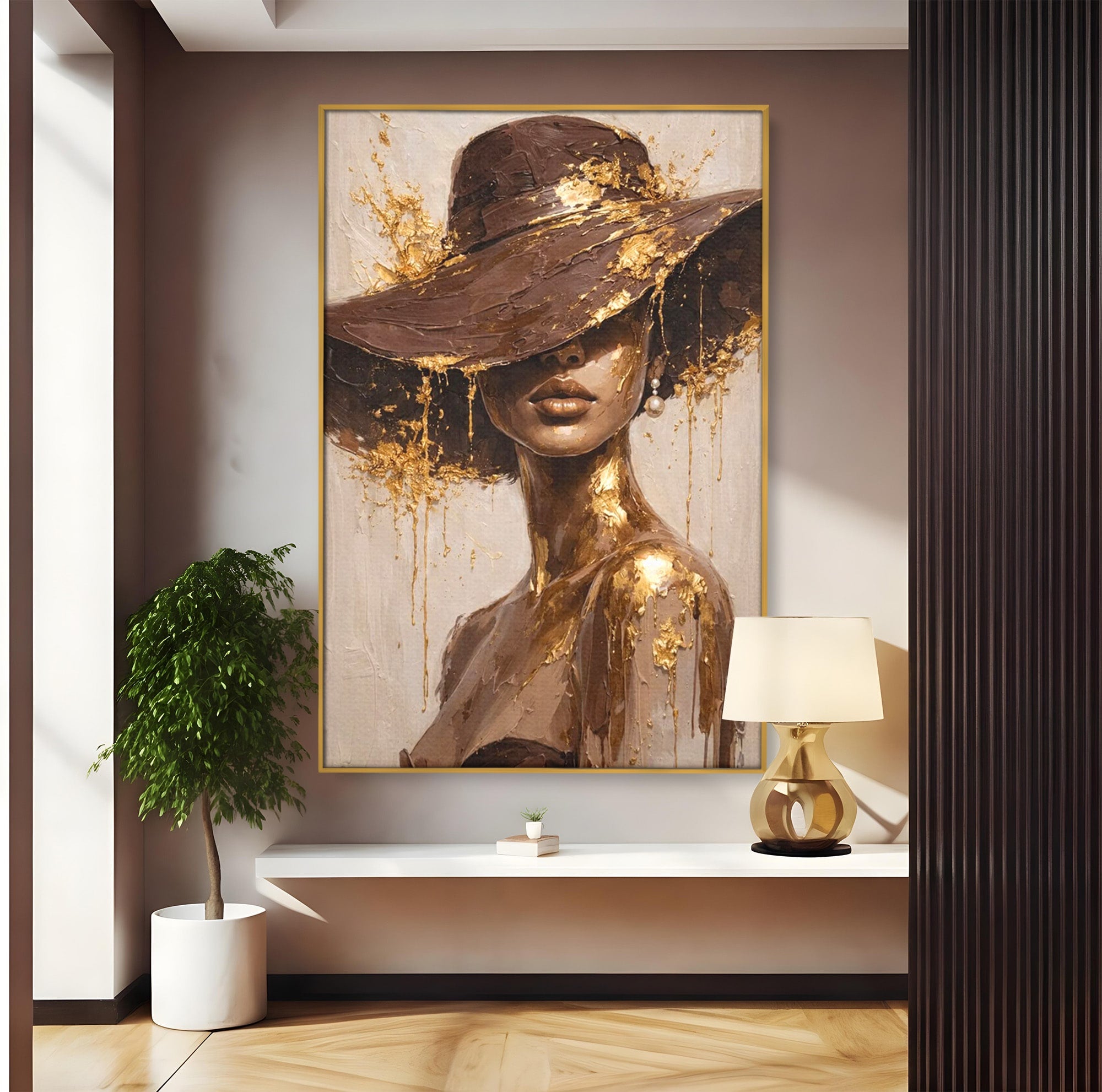 Tablou Canvas Premium LuxCanva® PI1003, Femeie Cu Palarie Eleganta, Femeie, Portret, Palarie, Eleganta, Living, Culori Vibrante