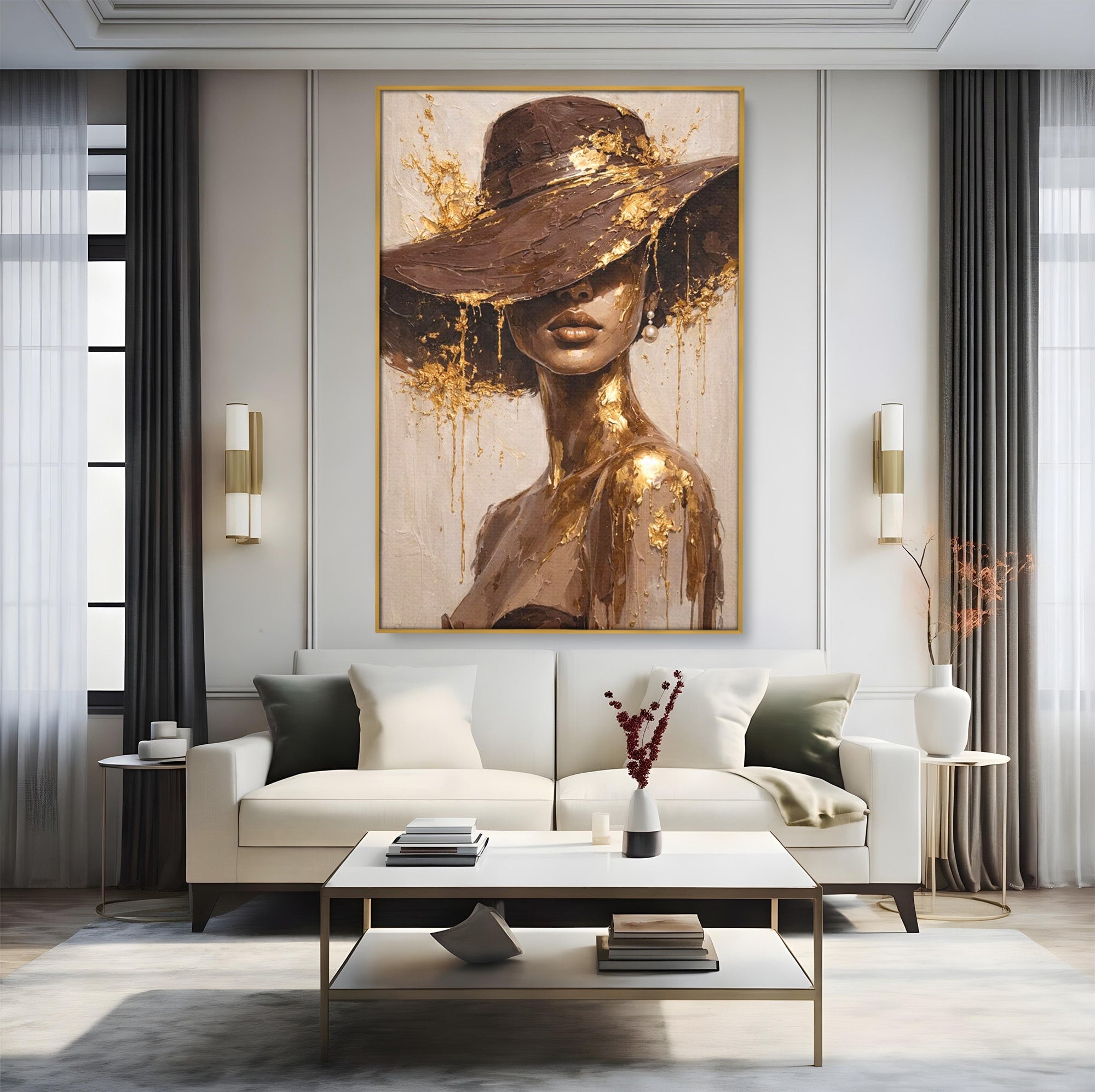 Tablou Canvas Premium LuxCanva® PI1003, Femeie Cu Palarie Eleganta, Femeie, Portret, Palarie, Eleganta, Living, Culori Vibrante