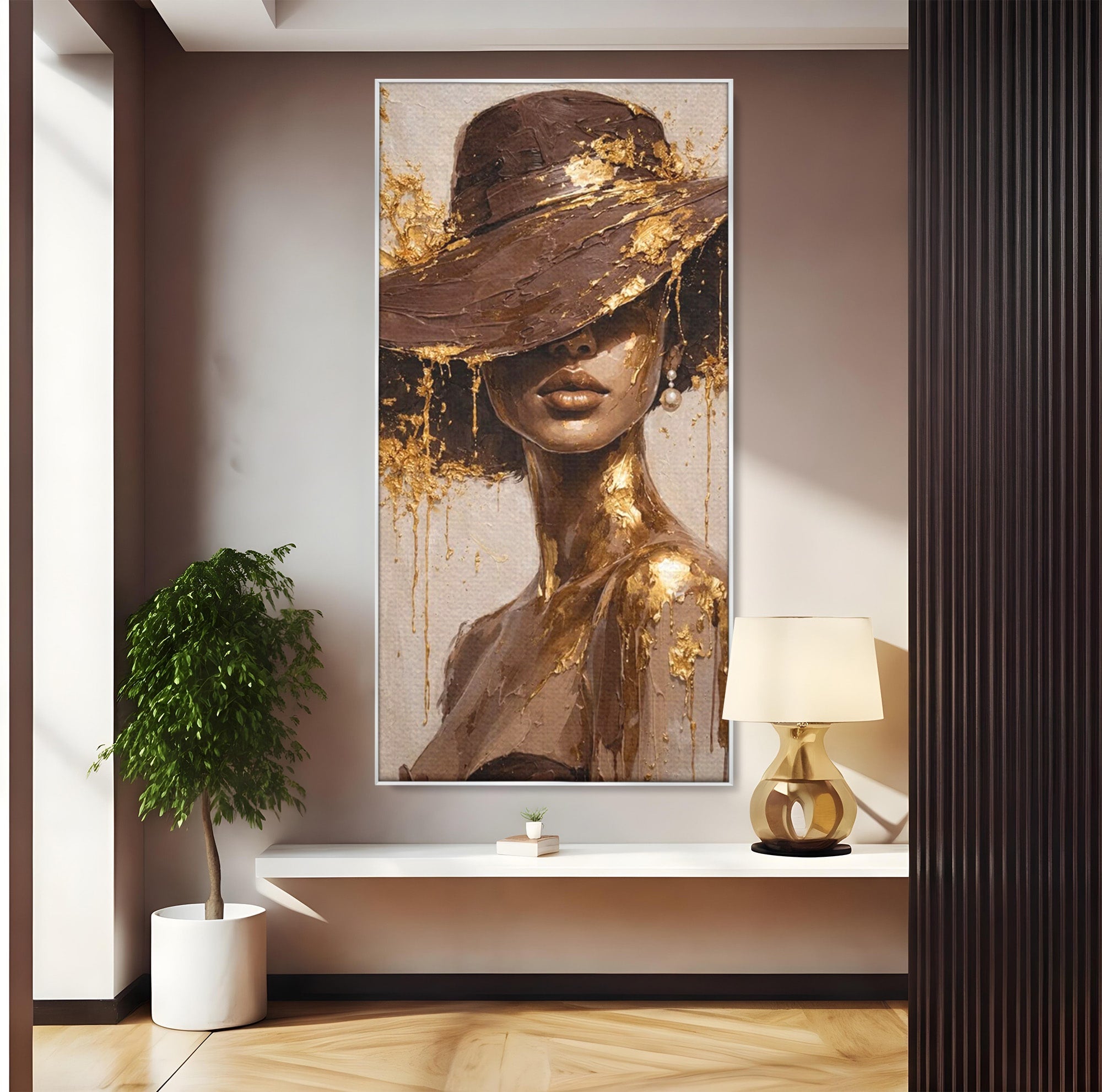 Tablou Canvas Premium LuxCanva® PI1003, Femeie Cu Palarie Eleganta, Femeie, Portret, Palarie, Eleganta, Living, Culori Vibrante