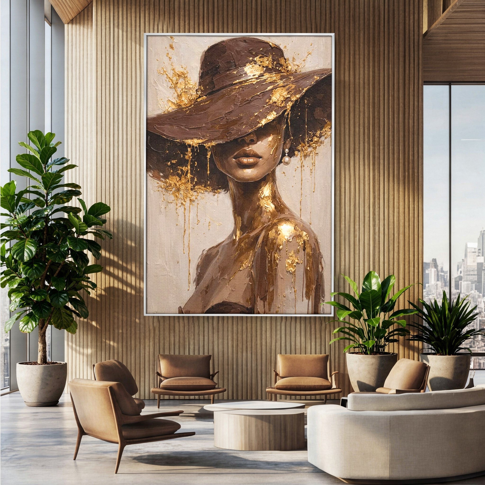 Tablou Canvas Premium LuxCanva® PI1003, Femeie Cu Palarie Eleganta, Femeie, Portret, Palarie, Eleganta, Living, Culori Vibrante